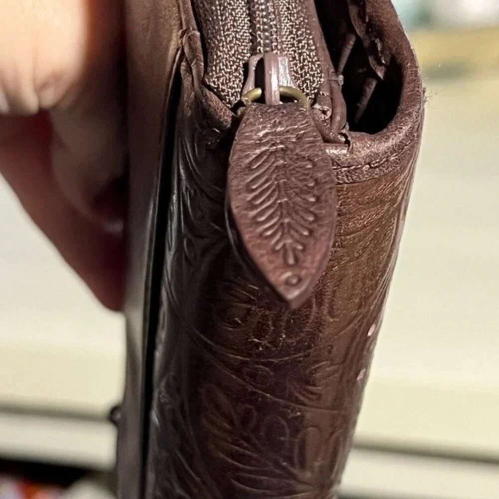 Vintage Brown Leather Wallet Hand Tooled Cut Outs Embellished Tons of slots!